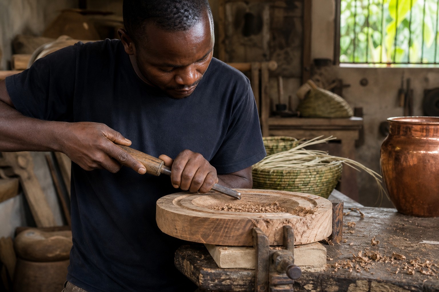 Artisan creusant un plateau en bois à la gouge dans son atelier, paniers et cuivre en arrière-plan