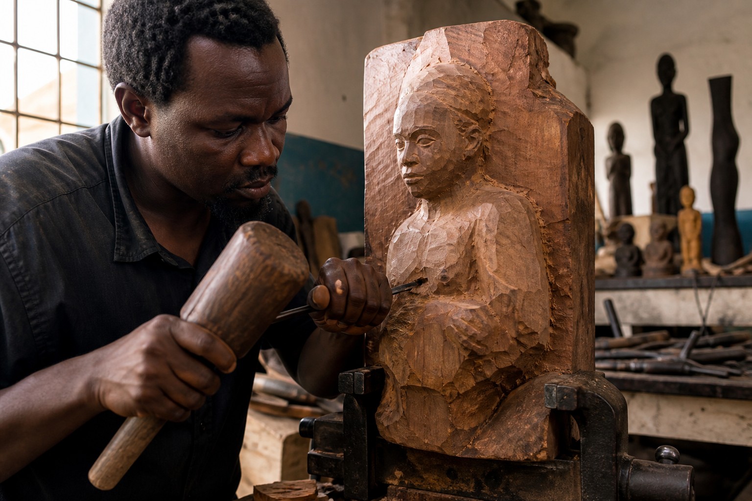 Sculptor carving a wooden bust with mallet and gouge in his workshop