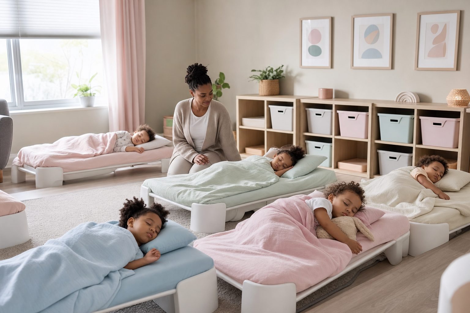 Professionnelle veillant sur de jeunes enfants endormis pendant le temps de repos