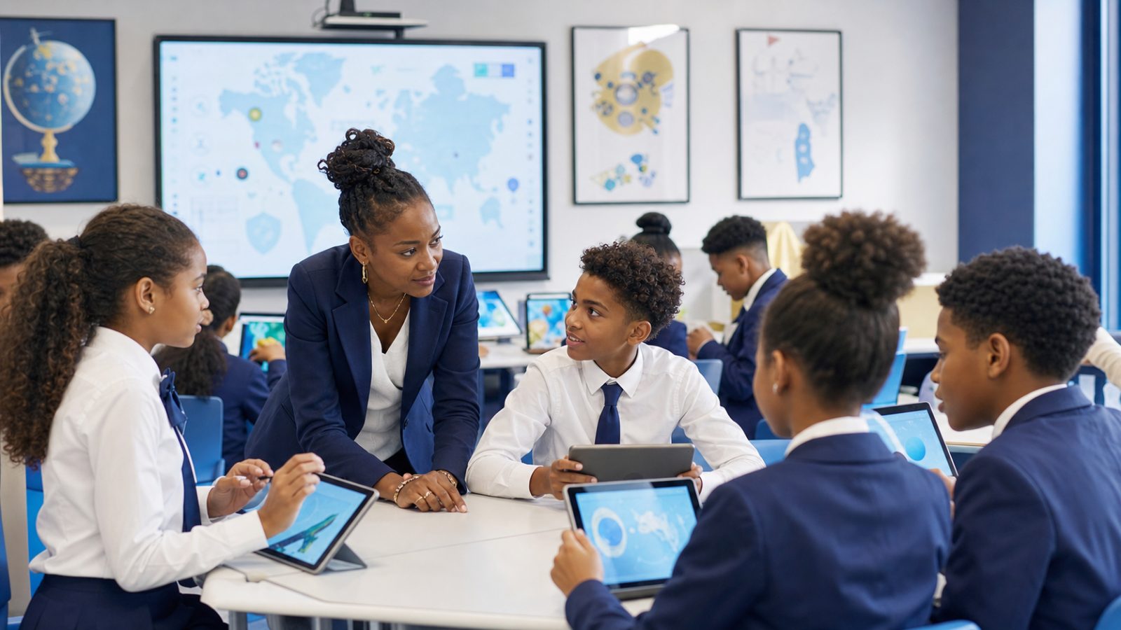 Teacher and pupils of various nationalities working on tablets in a classroom