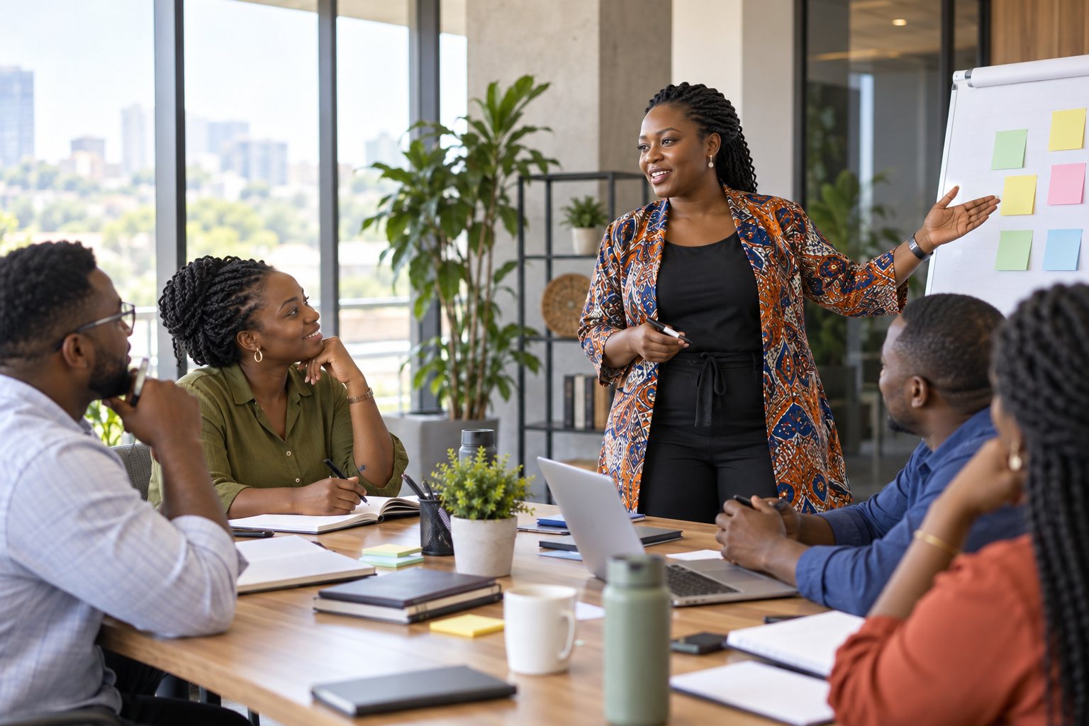 A trainer standing at a flip chart covered in sticky notes leads a session for four participants seated around a table