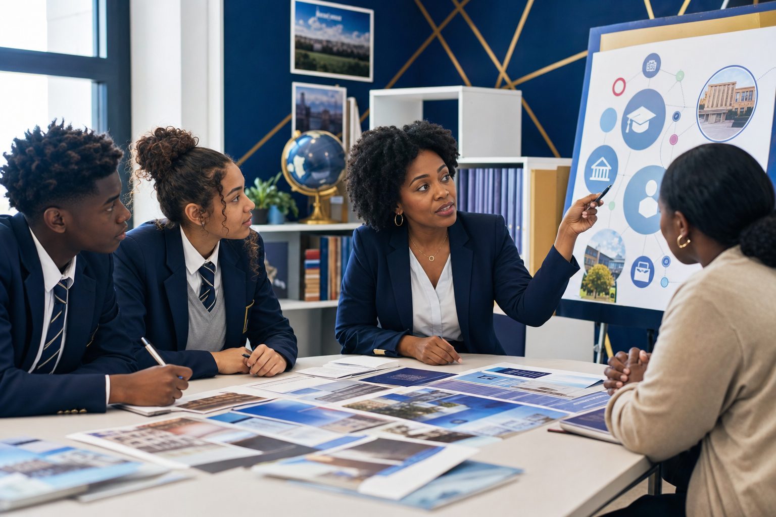 Conseillère présentant des parcours d’études à des élèves en uniforme et à un parent