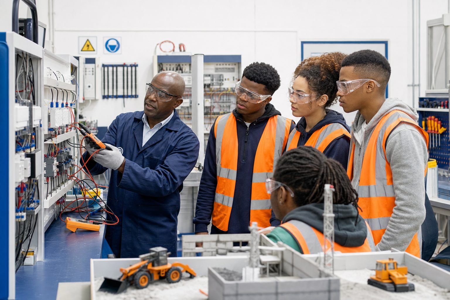 Lecturer and students in hi-vis vests and safety glasses at an electrical training bench