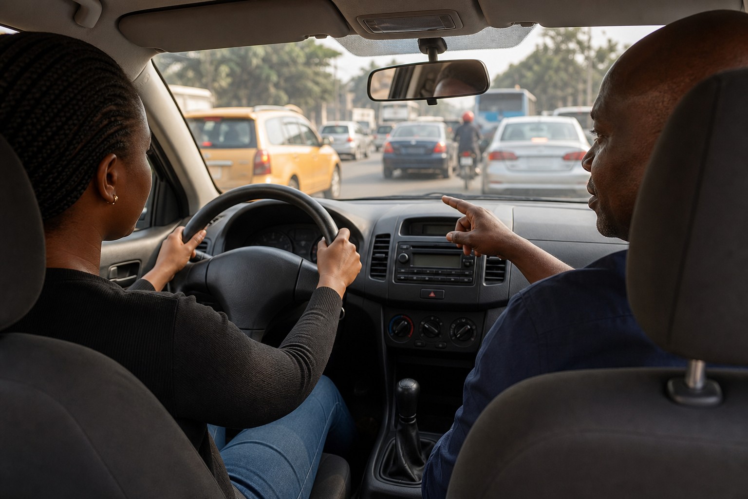 Learner driving in urban traffic while the instructor explains from the passenger seat