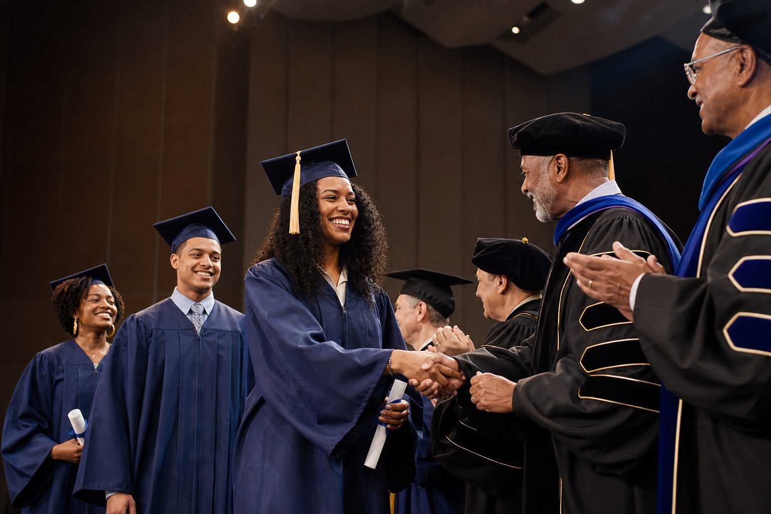 Remise de diplômes universitaires, étudiante en toge saluant les enseignants