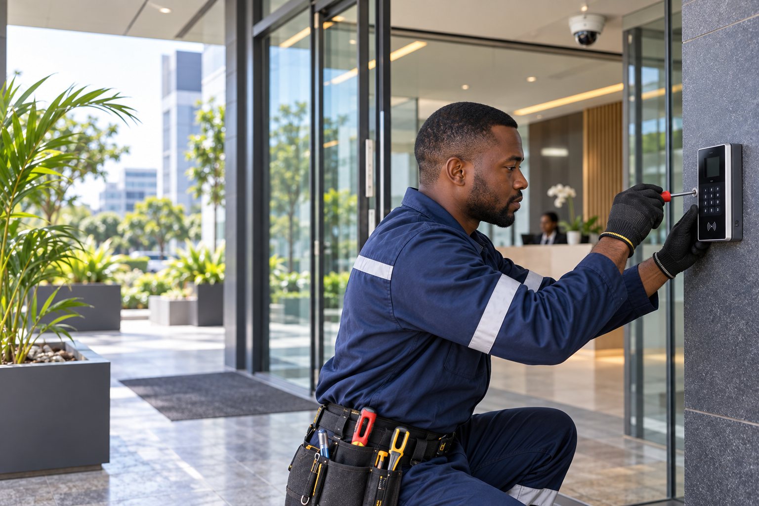 Un installateur de sécurité électronique raccordant un lecteur de contrôle d’accès à l’entrée d’un bâtiment