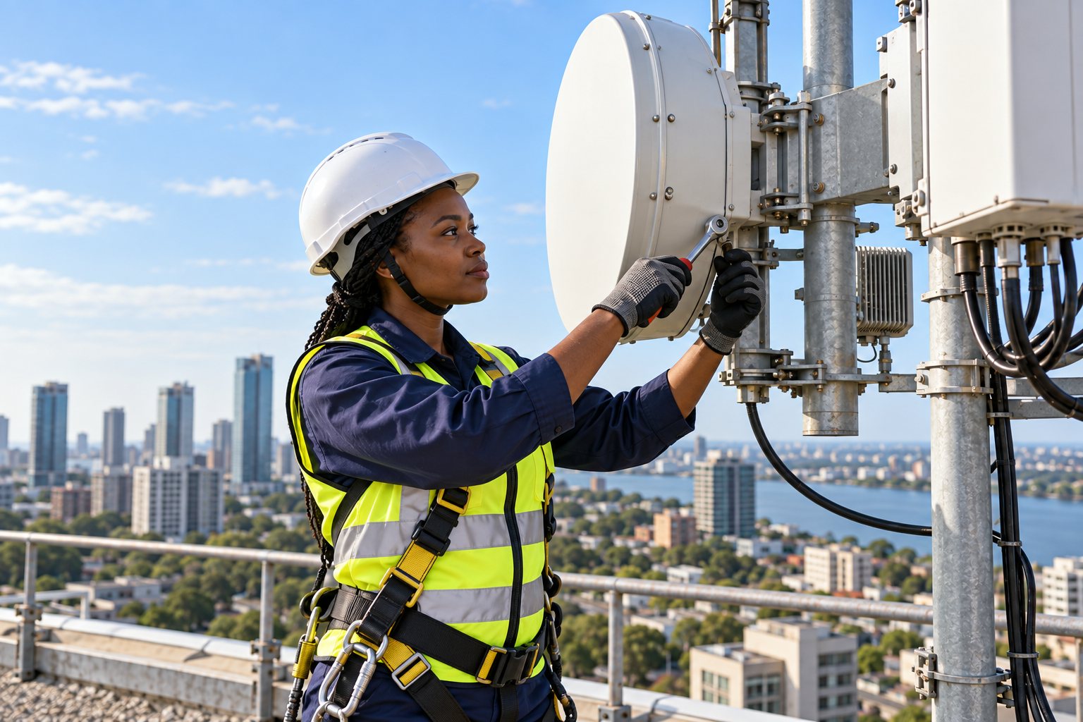 Une technicienne télécoms équipée d’un harnais fixant une antenne sur un mât en toiture