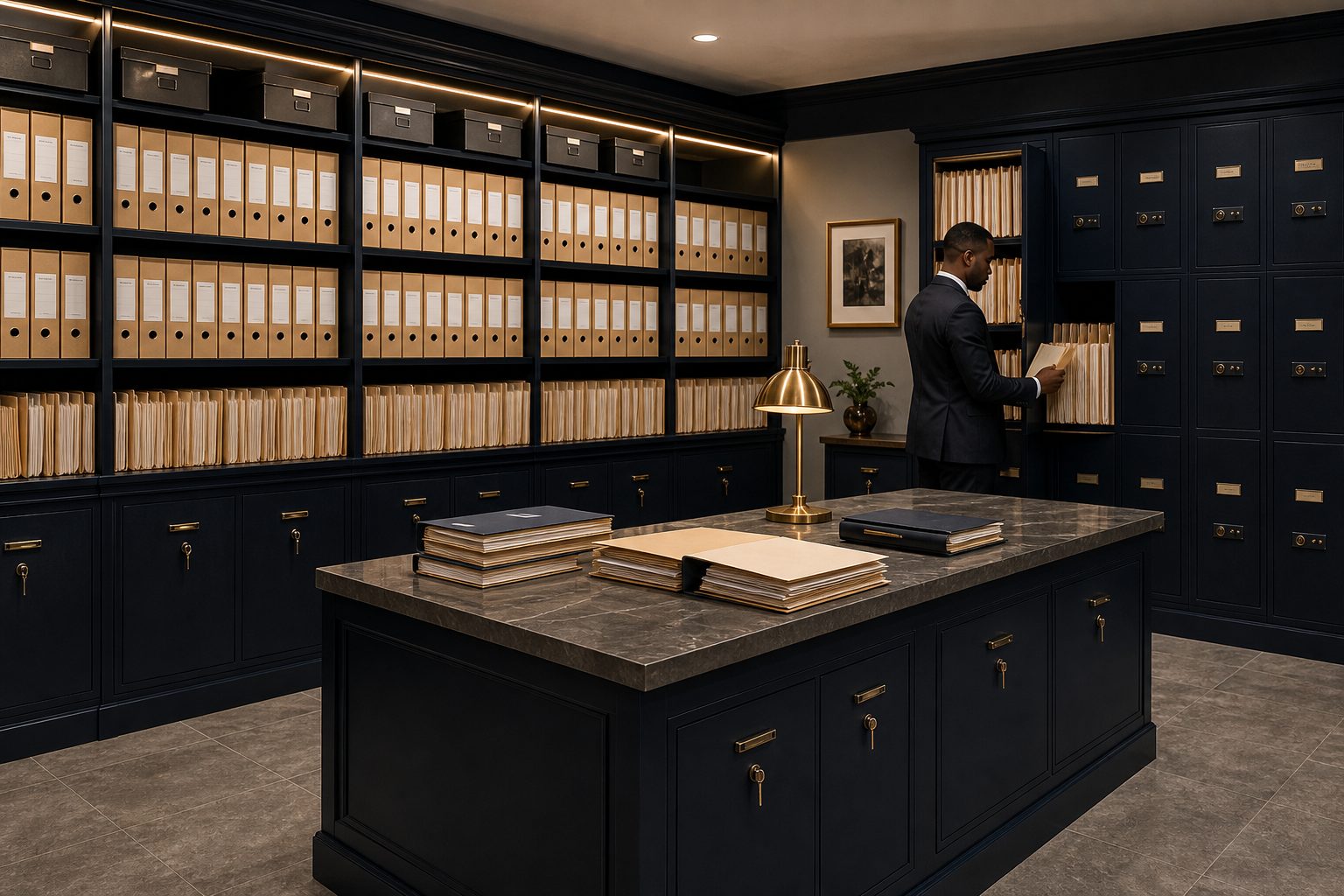 Archive room of a notarial office with numbered binders lined up on shelves