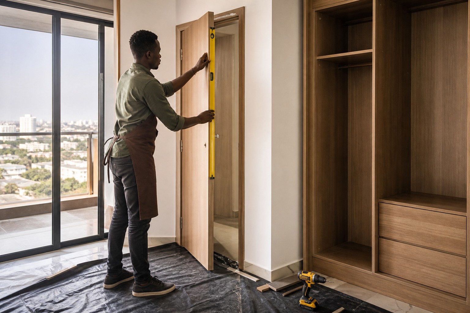 Menuisier vérifiant l’aplomb d’une porte qu’il vient de poser, placard sur mesure à côté