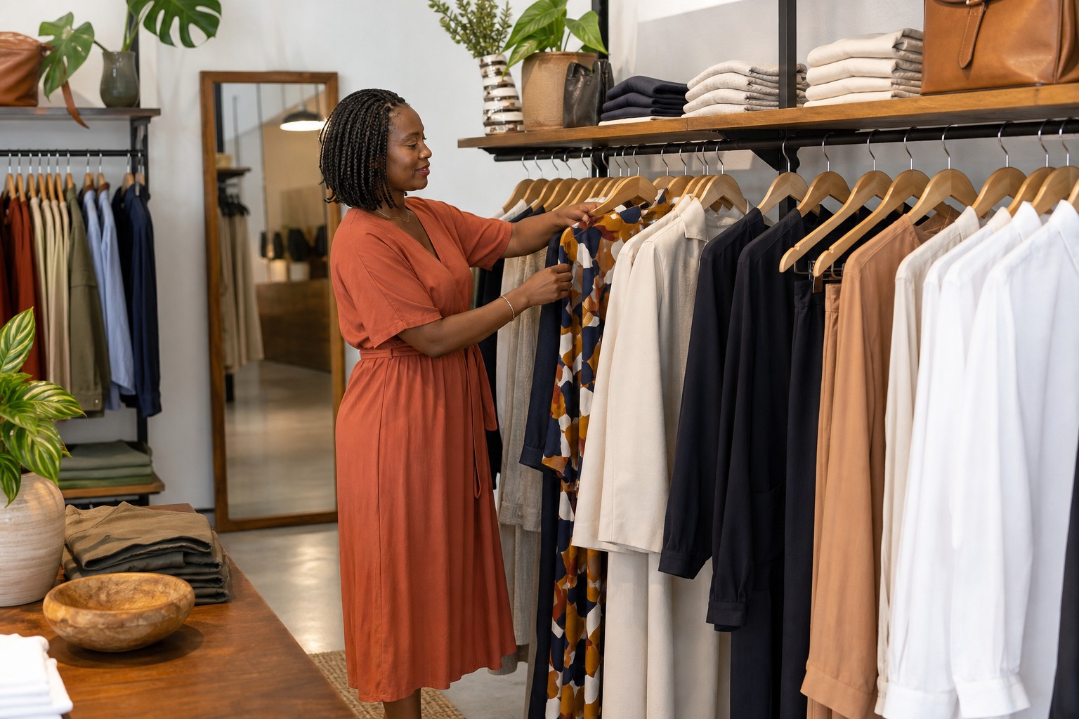 Commerçante vérifiant des vêtements sur un portant dans sa boutique, piles pliées en rayon