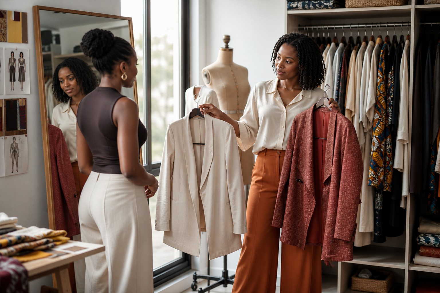 Styliste présentant deux vestes sur cintre à une cliente devant un miroir, croquis affichés au mur