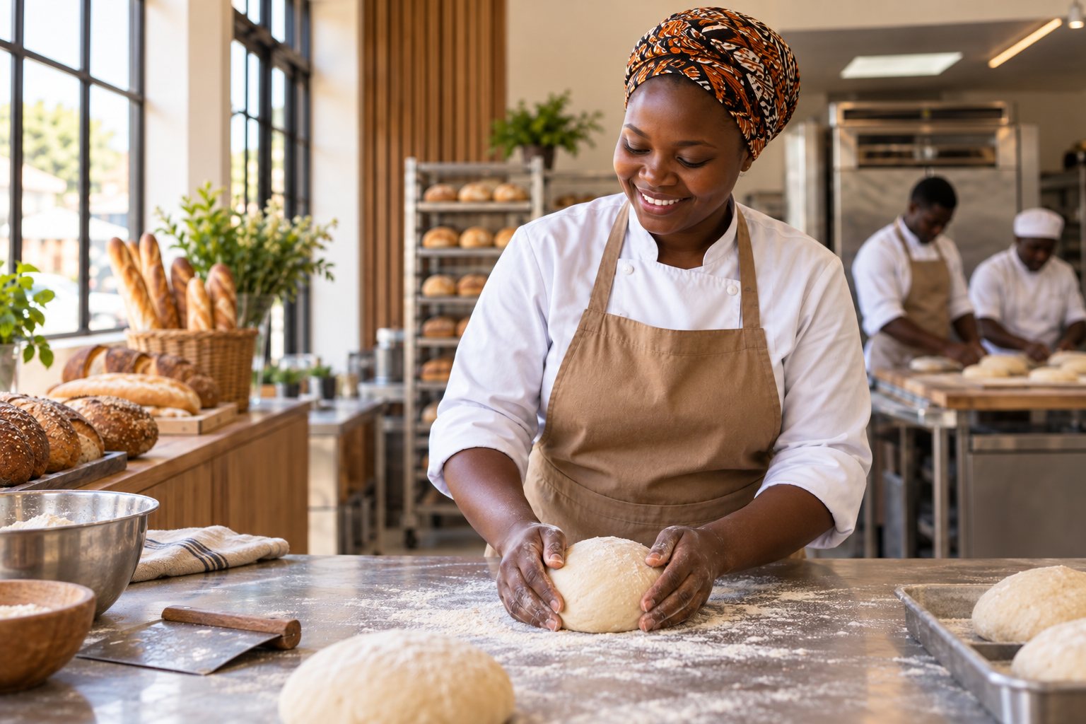 Une boulangère en veste blanche et tablier façonne une boule de pâte sur un plan de travail fariné, avec des pains sur des grilles derrière elle