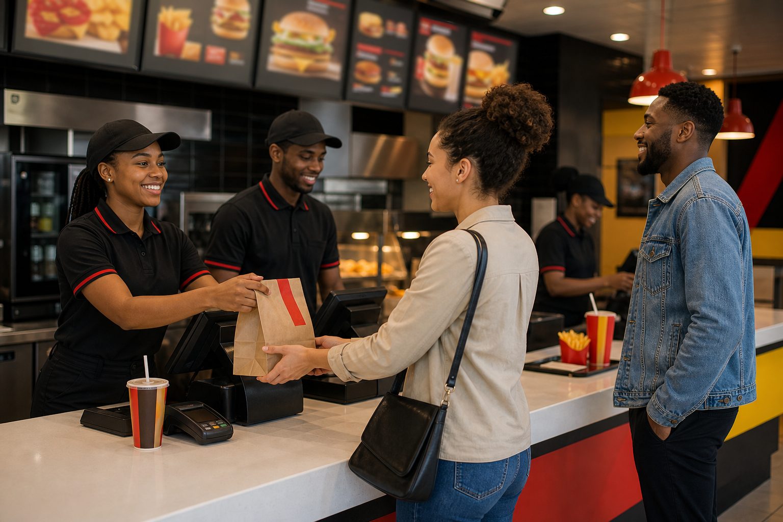 Fast food counter, team handing an order bag to a customer