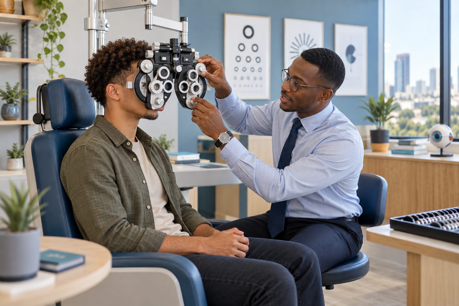 An optometrist adjusting a phoropter in front of a patient’s eyes in the examination chair