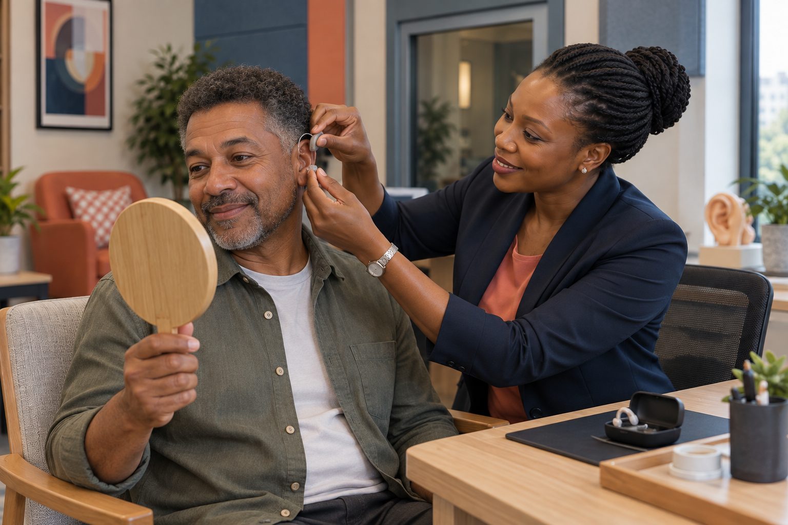 Une audioprothésiste plaçant un appareil auditif à l’oreille d’un patient qui se regarde dans un miroir