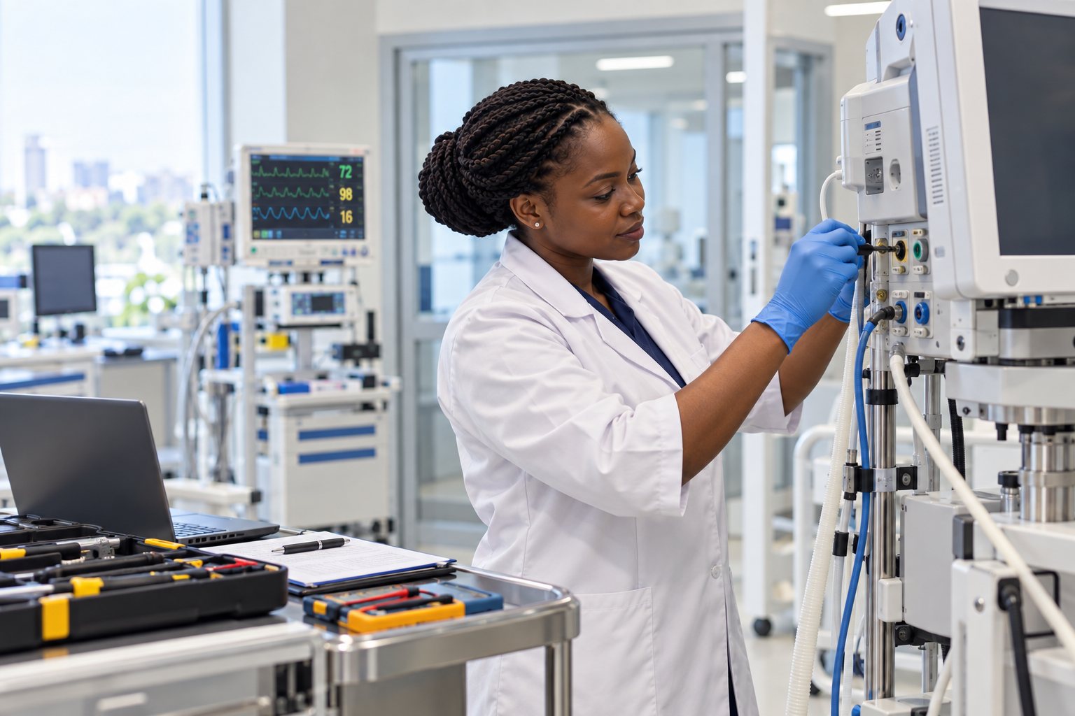 Une technicienne biomédicale en blouse blanche et gants bleus règle les connexions d’un appareil de monitorage dans un atelier d’hôpital, mallette d’outils et multimètre posés à côté