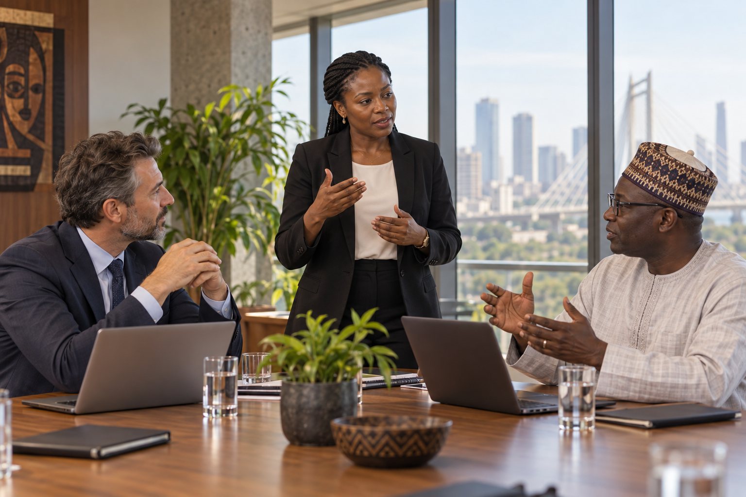 An interpreter standing between two businessmen seated at a meeting table, one in a suit, the other in traditional dress, in a glass-walled office