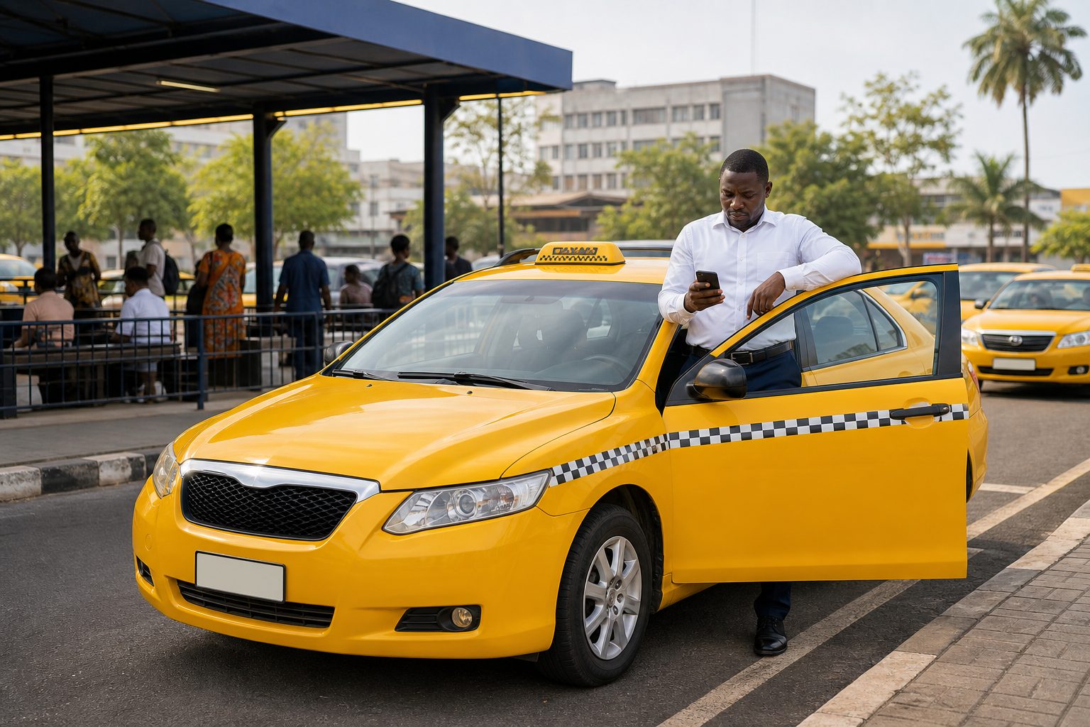 Chauffeur de taxi attendant près de son véhicule jaune sur une station couverte