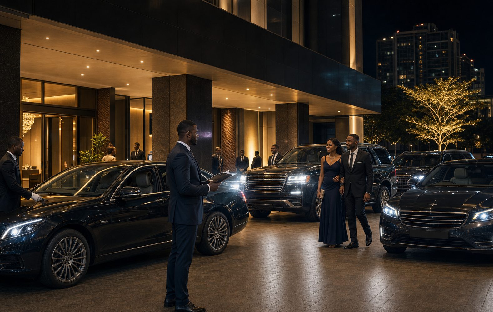 Coordinator in a suit in front of several black vehicles lined up at a hotel entrance in the evening
